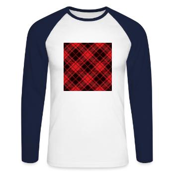 Rotes und schwarzes Flanell-Büffelmuster - Unisex Baseballshirt langarm - Weiß/Navy - Vorne - Nik (191cm)