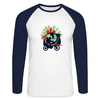 Design "REISEN MIT DEM MOTORRAD" - Unisex Baseballshirt langarm - Weiß/Navy - Vorne - Nik (191cm)