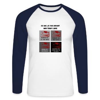 ce que je fais durant mon temps libre voiture - T-shirt baseball manches longues Homme - blanc/marine - Devant - Nik (191cm)