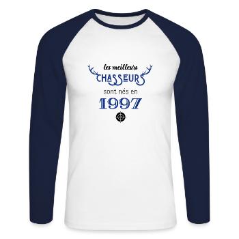 Anniversaire chasseur 1997 - T-shirt baseball manches longues Homme - blanc/marine - Devant - Nik (191cm)