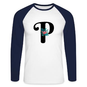 Buchstabe P blumig - Unisex Baseballshirt langarm - Weiß/Navy - Vorne - Nik (191cm)
