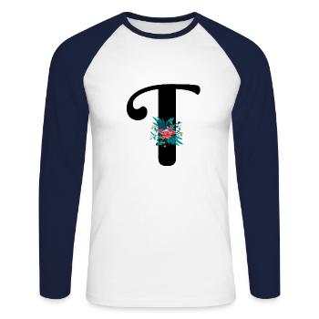 Buchstabe T geblümt - Unisex Baseballshirt langarm - Weiß/Navy - Vorne - Nik (191cm)