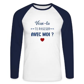 Veux tu te pascer avec moi - T-shirt baseball manches longues Homme - blanc/marine - Devant - Nik (191cm)