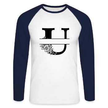 Personalisierter Blumenbuchstabe U - Unisex Baseballshirt langarm - Weiß/Navy - Vorne - Nik (191cm)