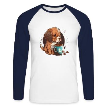 Cute Dog Drinking Coffee - Unisex Long Sleeve Baseball T-Shirt - white/navy - Front - Nik (191cm)
