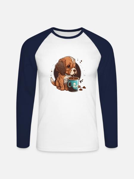 Cute Dog Drinking Coffee - Unisex Long Sleeve Baseball T-Shirt - white/navy