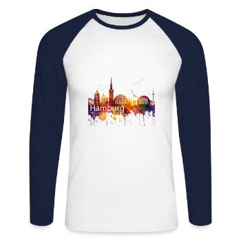 Hamburg ,skyline, stadt - Unisex Baseballshirt langarm - Weiß/Navy - Vorne - Nik (191cm)