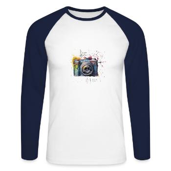 Farbspritzer Fotokamera Friedenssymbol Presse - Unisex Baseballshirt langarm - Weiß/Navy - Vorne - Nik (191cm)