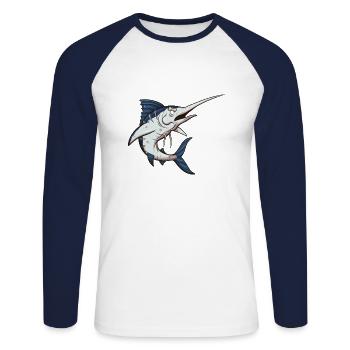 Schwertfisch - Unisex Baseballshirt langarm - Weiß/Navy - Vorne - Nik (191cm)