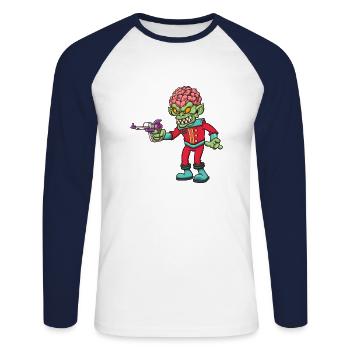 Alien maléfique avec un pistolet spatial - T-shirt baseball manches longues Homme - blanc/marine - Devant - Nik (191cm)