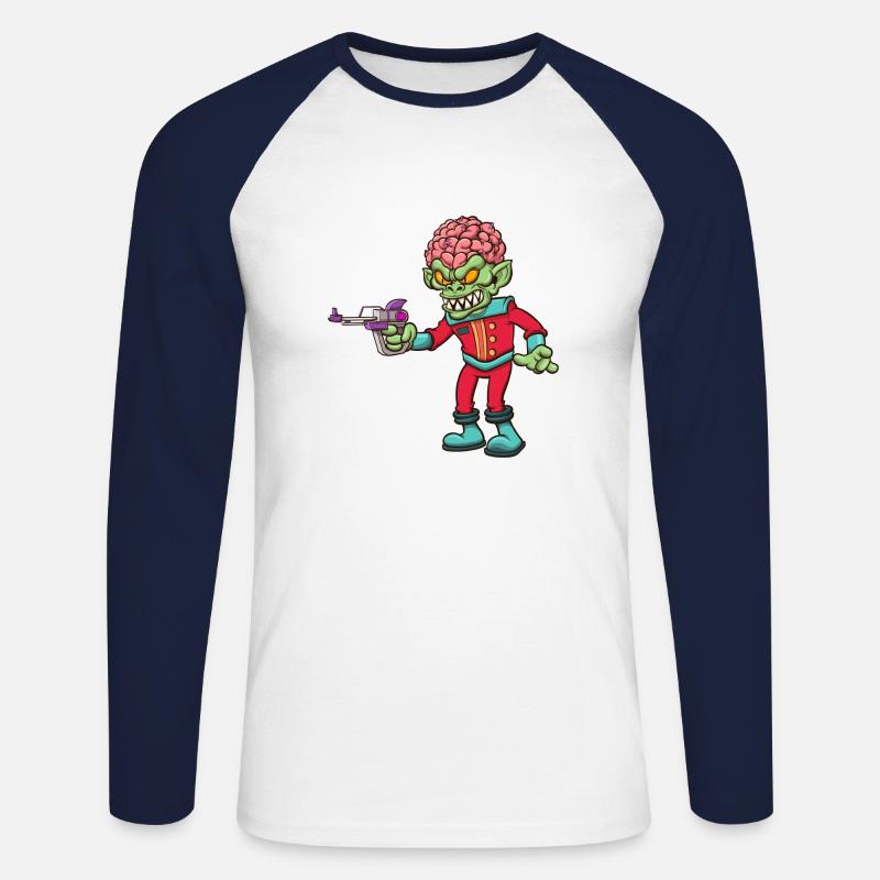 Evil Alien With Space Gun - Unisex Long Sleeve Baseball T-Shirt - white/navy