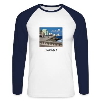 La Havane - T-shirt baseball manches longues Homme - blanc/marine - Devant - Nik (191cm)