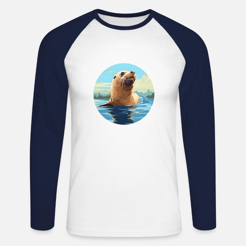 Seelöwe - Unisex Baseballshirt langarm - Weiß/Navy