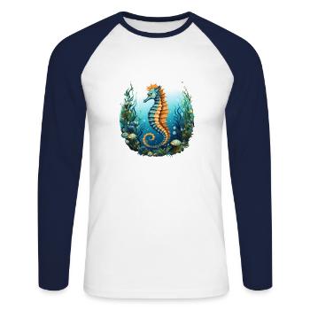 Seepferdchen - Unisex Baseballshirt langarm - Weiß/Navy - Vorne - Nik (191cm)