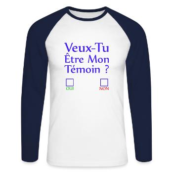 Veux tu être mon témoin ? - T-shirt baseball manches longues Homme - blanc/marine - Devant - Nik (191cm)