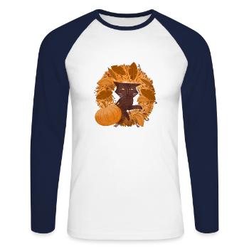 Braune Katze auf einem Kranz aus Herbstlaub - Unisex Baseballshirt langarm - Weiß/Navy - Vorne - Nik (191cm)