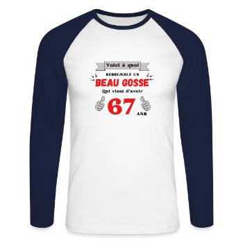 This Is What A Handsome 67-Year-Old Guy Looks Like - Unisex Long Sleeve Baseball T-Shirt - white/navy - Front - Nik (191cm)