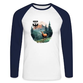 Tyrolean Adler & Hirsch is loyal to the state of Tyrol - Unisex Long Sleeve Baseball T-Shirt - white/navy - Front - Nik (191cm)