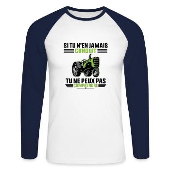 Conduire un tracteur T-Shirt humoristique mode - T-shirt baseball manches longues Homme - blanc/marine - Devant - Nik (191cm)