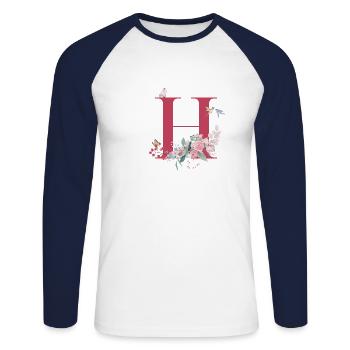 Buchstabe h floral - Geschenkidee - Unisex Baseballshirt langarm - Weiß/Navy - Vorne - Nik (191cm)