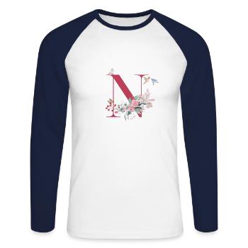 Lettre n floral -idée cadeau - T-shirt baseball manches longues Homme - blanc/marine - Devant - Nik (191cm)