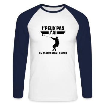 J'peux pas j'ai un Marteau à Lancer - T-shirt baseball manches longues Homme - blanc/marine - Devant - Nik (191cm)