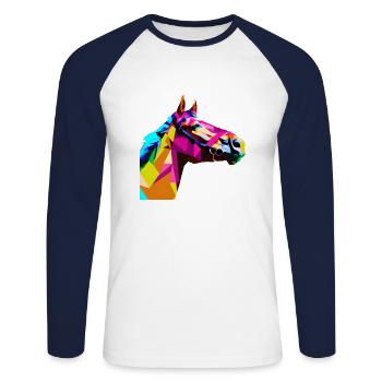 Buntes Pop Art Pferde Portrait Reiten Polygon - Unisex Baseballshirt langarm - Weiß/Navy - Vorne - Nik (191cm)