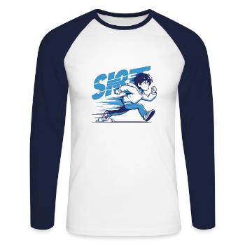 Illustration de Dynamic Runner - T-shirt baseball manches longues Homme - blanc/marine - Devant - Nik (191cm)