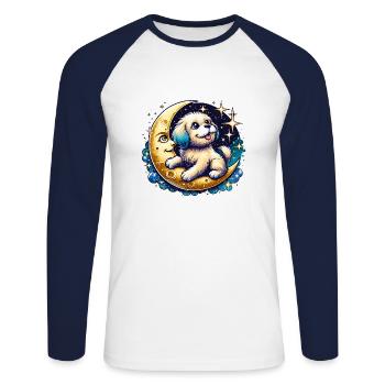 Niedlicher Hund auf freundlichem Halbmond - Farbe - Unisex Baseballshirt langarm - Weiß/Navy - Vorne - Nik (191cm)