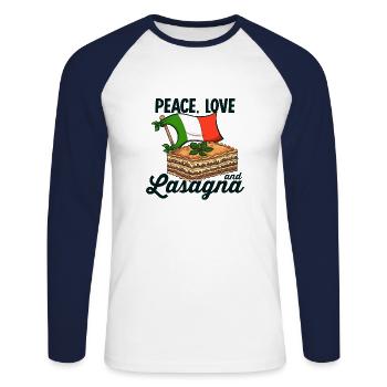 Peace, Love And Lasagna Cartoon - Unisex Long Sleeve Baseball T-Shirt - white/navy - Front - Nik (191cm)