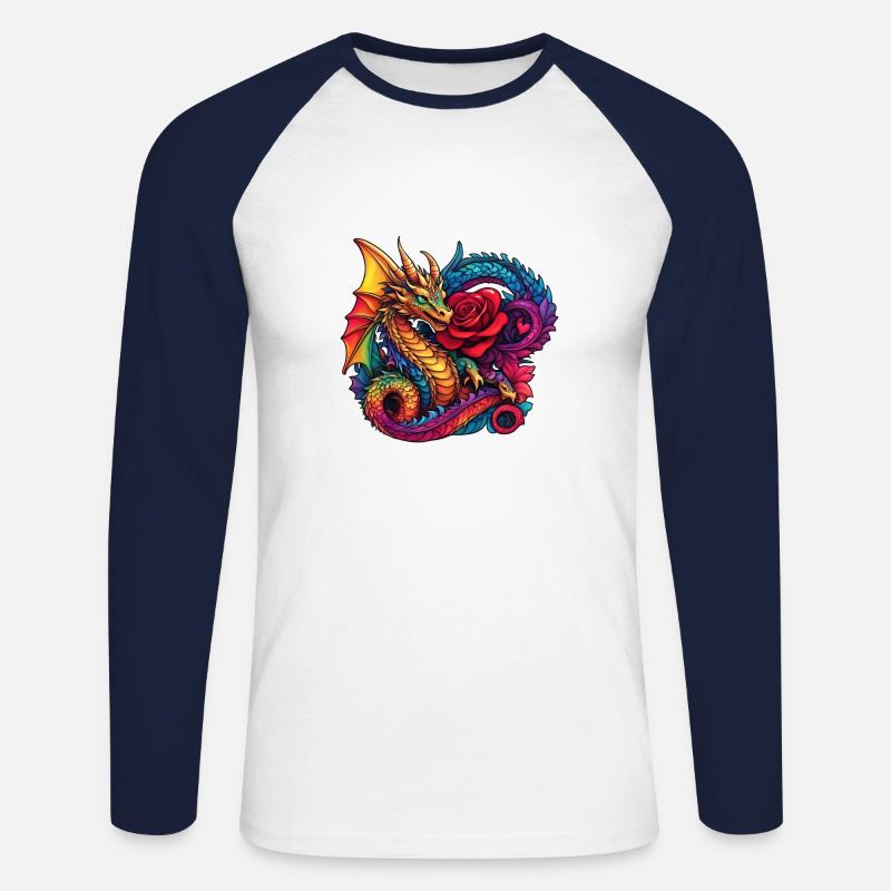 Drache mit Ros - Unisex Baseballshirt langarm - Weiß/Navy