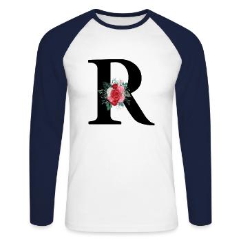 Roter Blumenbuchstabe R - Unisex Baseballshirt langarm - Weiß/Navy - Vorne - Nik (191cm)