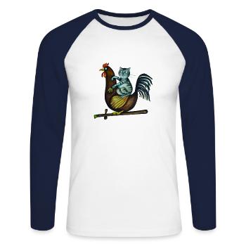 Funny Animals Cat on Chicken Summer Farm - Unisex Long Sleeve Baseball T-Shirt - white/navy - Front - Nik (191cm)