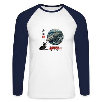 La victoire du samouraï : tuer la bête des mers - T-shirt baseball manches longues Homme - blanc/marine - Devant - Nik (191cm)