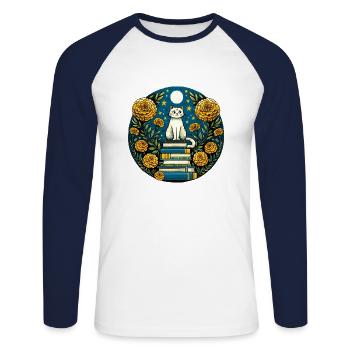 Chat blanc livresque - T-shirt baseball manches longues Homme - blanc/marine - Devant - Nik (191cm)