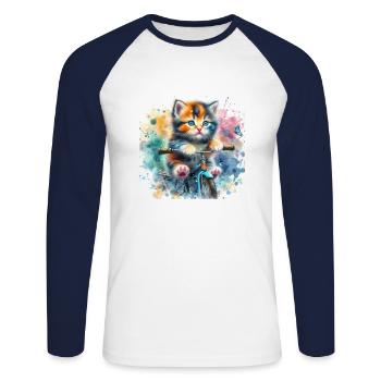 Chaton à vélo - T-shirt baseball manches longues Homme - blanc/marine - Devant - Nik (191cm)