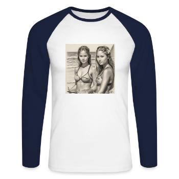 Surfeuses sur la plage : dessins détaillés au crayon - T-shirt baseball manches longues Homme - blanc/marine - Devant - Nik (191cm)