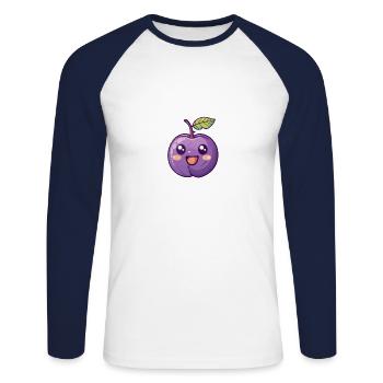 Cheerful plum in purple cartoon style - Unisex Long Sleeve Baseball T-Shirt - white/navy - Front - Nik (191cm)