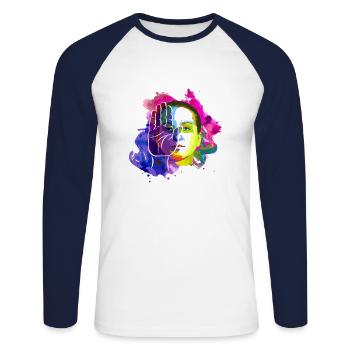 DAGEGEN - Unisex Baseballshirt langarm - Weiß/Navy - Vorne - Nik (191cm)