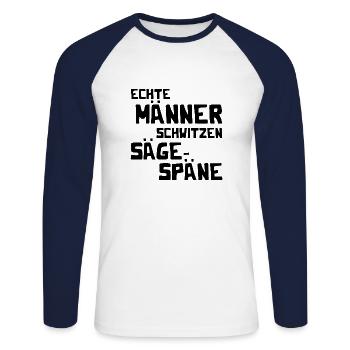Echte Männer schwitzen Sägespäne - Kettensäge - Unisex Baseballshirt langarm - Weiß/Navy - Vorne - Nik (191cm)
