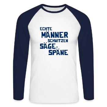 Echte Männer schwitzen Sägespäne - Kettensäge - Unisex Baseballshirt langarm - Weiß/Navy - Vorne - Nik (191cm)