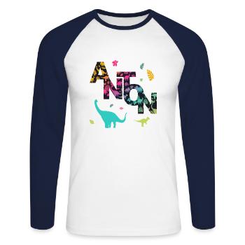 ANTON - Beau prénom de garçon avec dinosaure - T-shirt baseball manches longues Homme - blanc/marine - Devant - Nik (191cm)