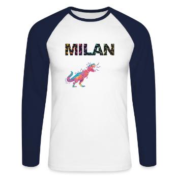 MILAN - Schöner Jungen Name mit Dinosaurier - Unisex Baseballshirt langarm - Weiß/Navy - Vorne - Nik (191cm)