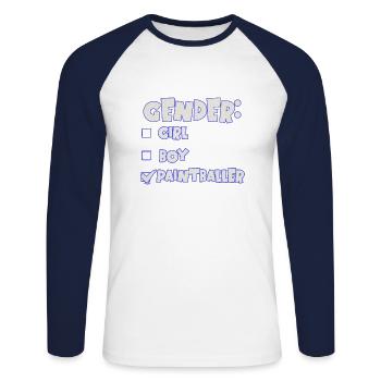 Gender revealing a paintballer, blue and white - Unisex Long Sleeve Baseball T-Shirt - white/navy - Front - Nik (191cm)