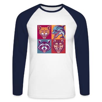 Pop-art Tiere Cat Delphin Wolf Waschbär Halloween - Unisex Baseballshirt langarm - Weiß/Navy - Vorne - Nik (191cm)