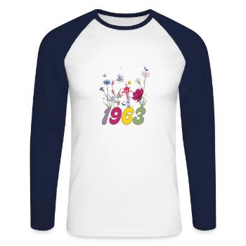 Year of birth 1963 wildflowers - Unisex Long Sleeve Baseball T-Shirt - white/navy - Front - Nik (191cm)