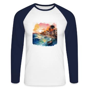 Vibrant Coastal Sunset Scene with Boats and Waves - Unisex Long Sleeve Baseball T-Shirt - white/navy - Front - Nik (191cm)