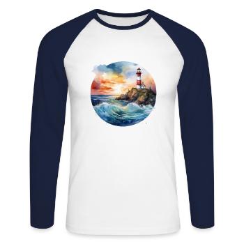 Phare majestueux au coucher du soleil avec des vagues déferlantes - T-shirt baseball manches longues Homme - blanc/marine - Devant - Nik (191cm)