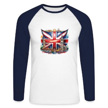 Watercolour Union Jack with British Landmarks - Unisex Long Sleeve Baseball T-Shirt - white/navy - Front - Nik (191cm)