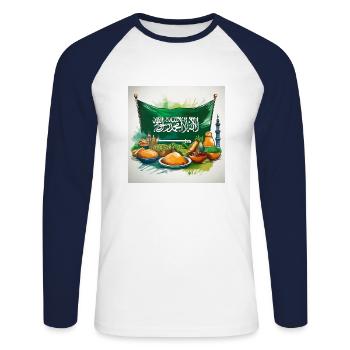 Saudi Flag and Feast – Vibrant Arabian Heritage - Unisex Long Sleeve Baseball T-Shirt - white/navy - Front - Nik (191cm)
